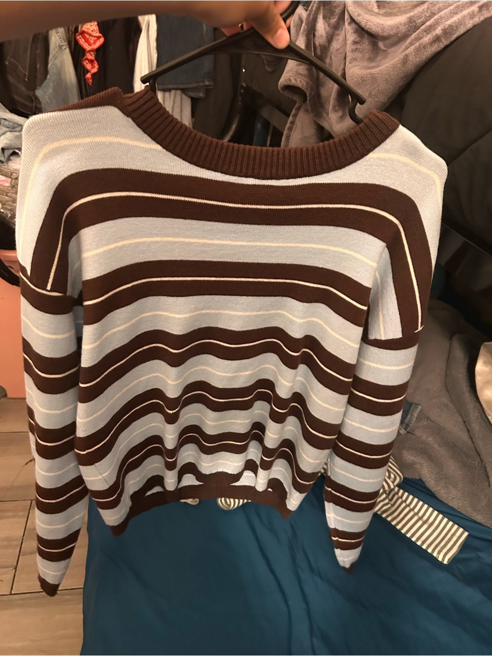Women's Brown and Light Blue Striped Crewneck Sweater